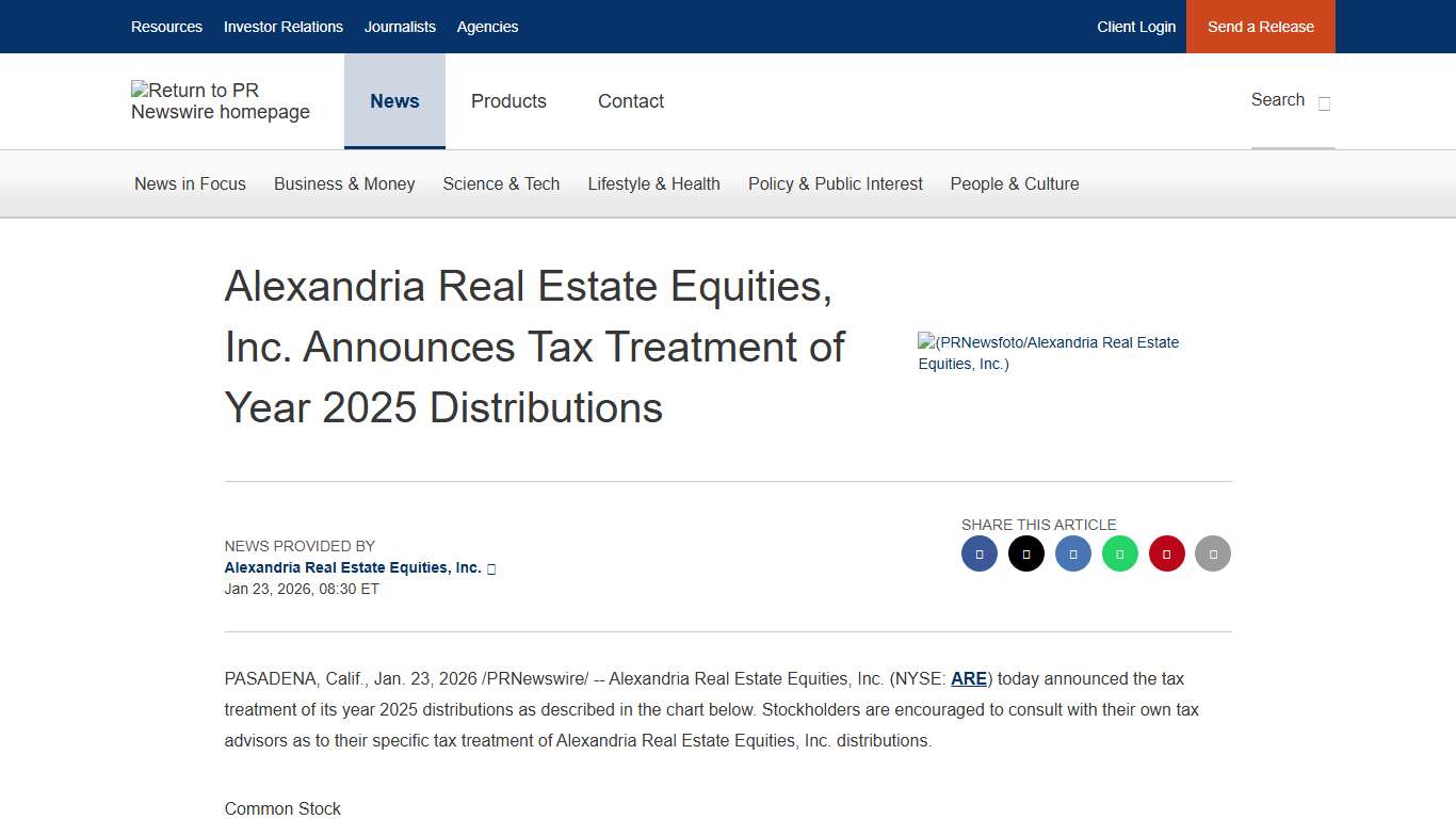 Alexandria Real Estate Equities, Inc. Announces Tax Treatment of Year 2025 Distributions